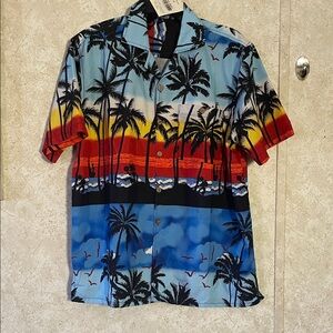Men's Tropical Palm Button-Down Shirt - Multi Blue/Red